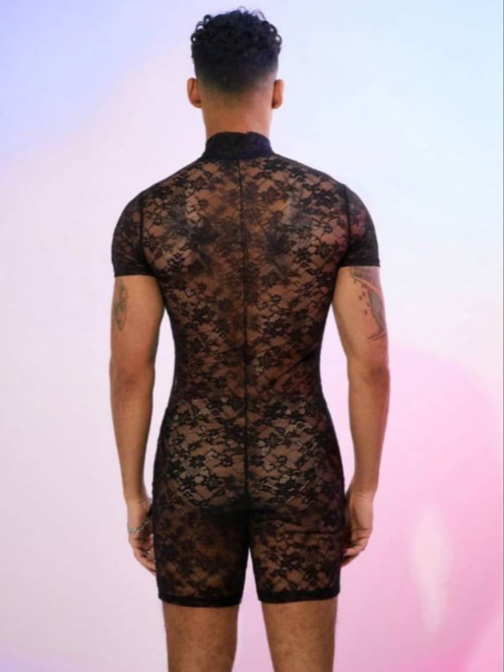 Men's Solid Color Front Button Short Sleeve Lace See-Through Romper